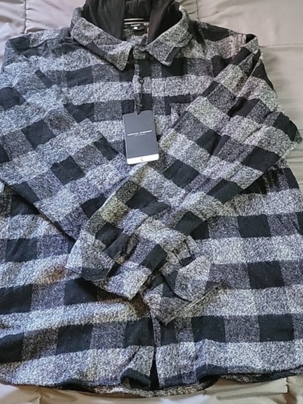 Sunrise Kingdom NWT Hooded Flannel Shirt Buffalo Plaid Grey Black Large